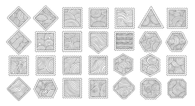 Grid layout of various shaped labels or postage stamps featuring intricate black and white wavy and circular line patterns.