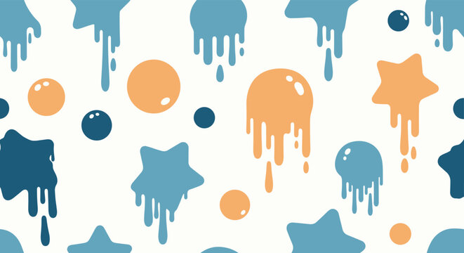 Modern seamless pattern of melting stars, circles, and spheres in blue and orange shades with dripping liquid effects on white.
