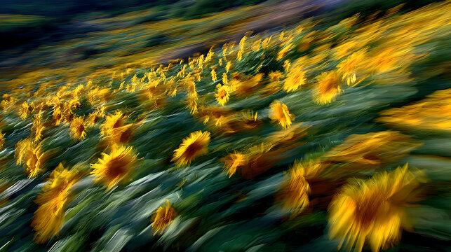 adulteration. Sunflowers swaying in a field during golden hour, nature scene. gardening catalogs, home-decor guides, designed for home decor and floral branding and gardening and botanical catalogs.