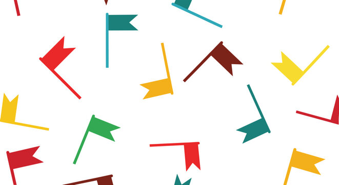 Playful seamless pattern of small colored flags on poles in red, blue, green, and yellow scattered on a white background.