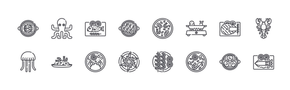 set of 16 thin line seafood icons such as fish, jellyfish, octopus, fried rice, fish, crab, shrimp, shrimp, shrimp. editable stroke vector illustration isolated on white