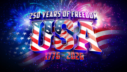 Fototapeta na wymiar Fourth of July Independence Day of the USA Vector Illustration with American Flag in 250 Years of Freedom USA Typography Lettering and Shiny Fireworks on Night Sky Background. 4th of July National