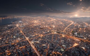 Fototapeta premium Aerial Night Photography of Major Cityscape Illuminated at Dusk