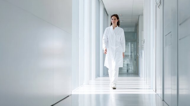 Doctor Walking in Hospital Corridor: A female doctor in a white lab coat walks confidently down a brightly lit, modern hospital corridor, a symbol of healing and medical progress.