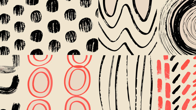 Vibrant crayon squiggles and loops collection on beige background with black and red patterns abstract shapes and lines creative artistic design elements