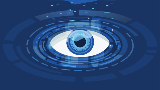 Abstract blue eye with binary code flow futuristic technology concept surveillance and data visualization