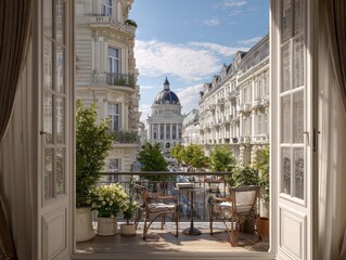 Obraz premium Scenic view of a historic European city street with white architecture and a dome, taken from a luxury hotel balcony with open glass doors and chairs.