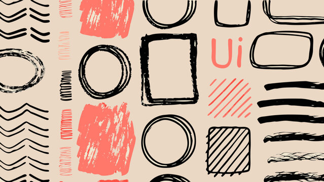 Crayon drawn rectangular text box set with uneven shapes and ui elements on beige background for design and layout
