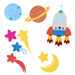 Cute space elements set with rocket, planets, stars, and crescent moon © salindia studio