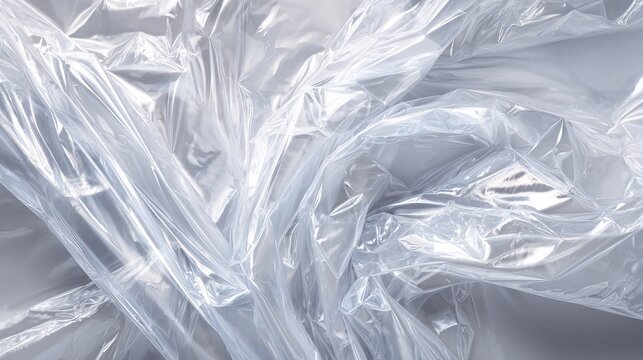 Reflective crumpled plastic wrap creates a shimmering, abstract texture showcasing the beauty of everyday disposable packaging materials.