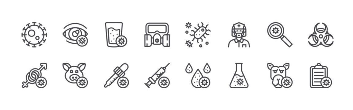 set of 16 thin line virus transmission icons such as coronavirus, sex, eye, pig, drink water, pipette tool, gas mask, syringe, bacterias. editable stroke vector illustration isolated on white