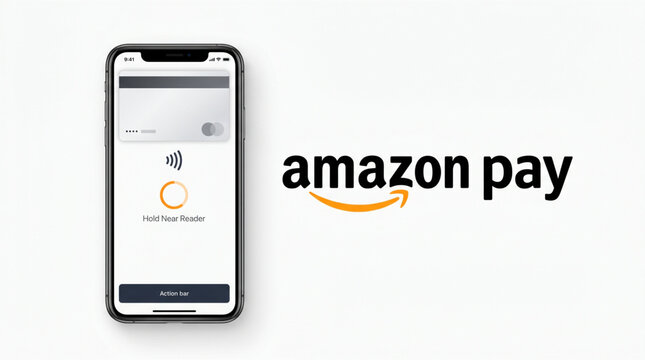 Amazon Pay mobile app interface mockup on smartphone screen. Digital wallet payment system with contactless NFC technology, credit card template, and brand logotype. Editorial technology concept.