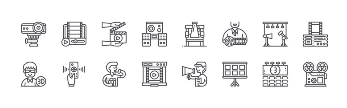 set of 16 thin line cinema icons such as multimedia projector, d glasses, movie player, remote control, clipper, popcorn, audio speaker, monitor screen, director chair. editable stroke vector