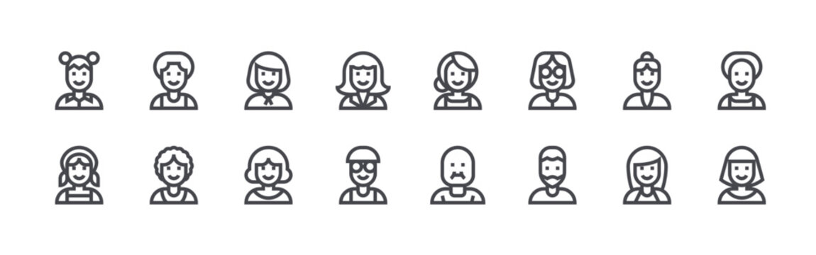 set of 16 thin line people icons such as girl, woman, boy, woman, woman, boy, editable stroke vector illustration isolated on white