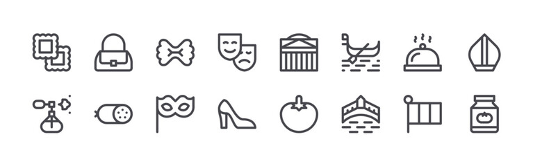 set of 16 thin line italy icons such as ravioli, perfume spray, hand bag, pepperoni, pasta, carnival mask, theater masks, high heels, pantheon. editable stroke vector illustration isolated on white © Lukas