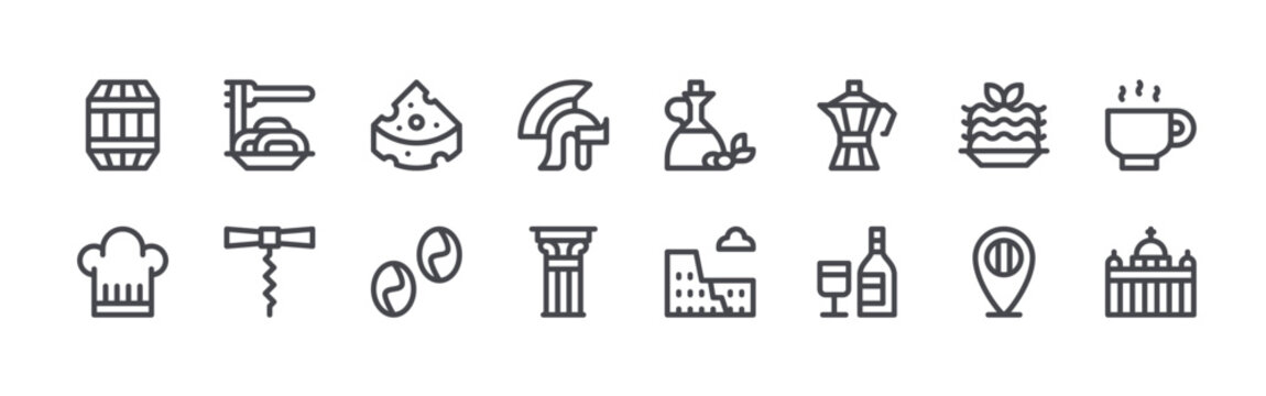 set of 16 thin line italy icons such as barrel, chef hat, spaghetti, corkscrew, cheese, coffee beans, roman helmet, column, olive oil. editable stroke vector illustration isolated on white