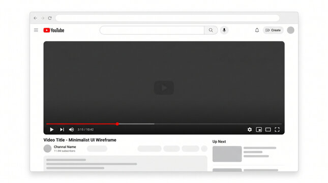 YouTube mockup 2025. Web browser social media interface template for desktop. Editorial screen layout with video title, channel, search bar, player controls, and progress bar. Light mode wireframe.