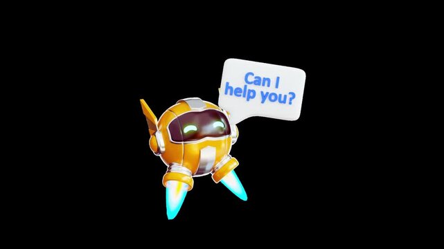 Cute cartoon style round robot character flying with jet propulsion flames hovering on black background flame automation technology machine science