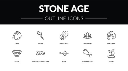 outline stone age icons set - cave, spear, plate, plant. editable vector for web and mobile ui © IconArt