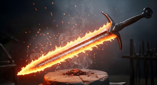 Glowing red hot forged sword and flying sparks. Traditional blacksmithing and metalworking craft. Flaming medieval weapon resting on an iron anvil in a dark forge.