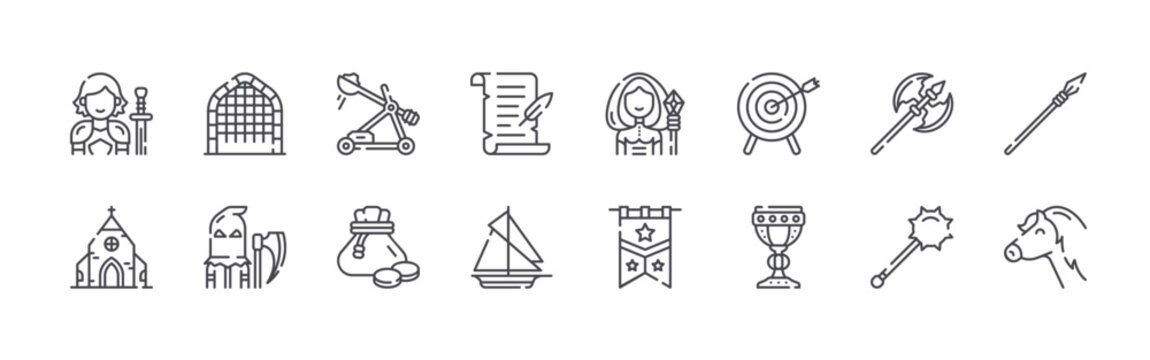 set of 16 thin line medieval times icons such as knight, church, entrance, executioner, catapult, coin, parchment, sailing ship, witch. editable stroke vector illustration isolated on white