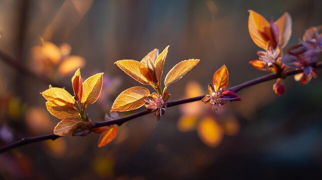 Golden sunlight illuminates delicate spring blossoms, showcasing the vibrant beauty of new life emerging on a slender tree branch.