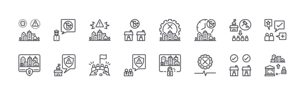 set of 16 thin line lockdown icons such as threat, shutdown, authority, policy, critical, victory, quarantine, determine, shutdown. editable stroke vector illustration isolated on white