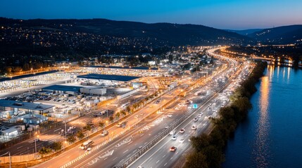 Fototapeta premium Aerial View of Busy Border Crossing Point at Twilight with City Lights
