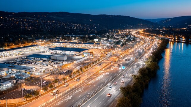 Aerial View of Busy Border Crossing Point at Twilight with City Lights