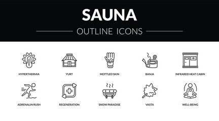 outline sauna icons set - hyperthermia, yurt, adrenalin rush, well-being. editable vector for web and mobile ui © IconArt