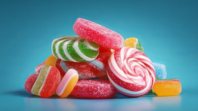 A vibrant pile of colorful candy, including striped and swirled sweets, creates a delightful and sugary treat for a joyful celebration.