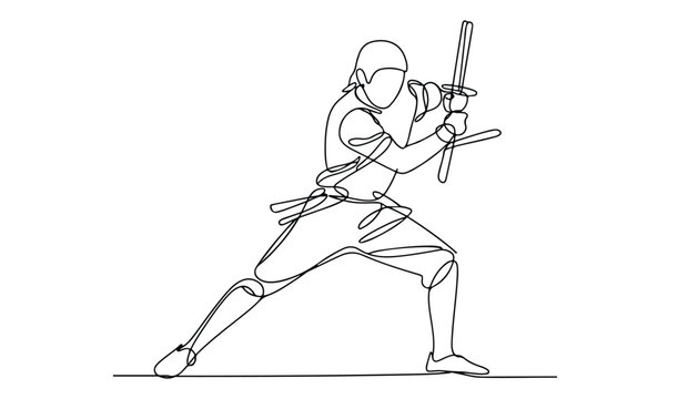One continuous line illustration of an Arnis Player , isolated on white background.