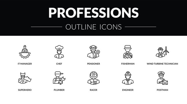 outline professions icons set - it manager, chef, superhero, postman. editable vector for web and mobile ui