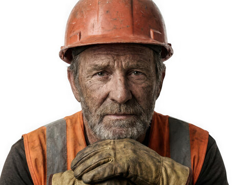 Portrait of a weathered construction worker with a hard hat.