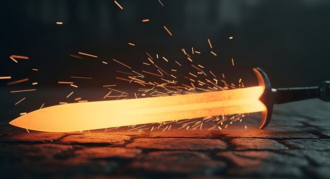 Glowing hot forged sword resting on cobblestone. Blacksmithing and metalwork manufacturing concept. Sparks flying from a freshly forged glowing metal blade.