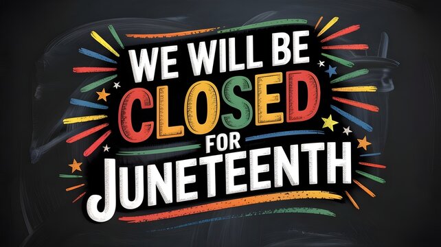 We will be closed for juneteenth sign, holiday closure announcement, colorful typography on chalkboard background, june 19th celebration, business holiday notice