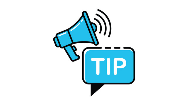 Blue megaphone icon with a speech bubble containing the word tip for marketing digital advice