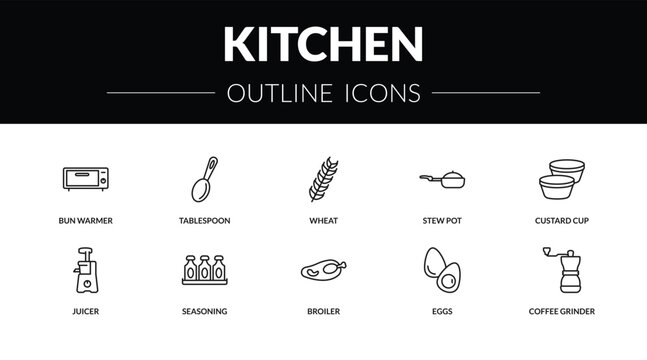 outline kitchen icons set - bun warmer, tablespoon, juicer, coffee grinder. editable vector for web and mobile ui