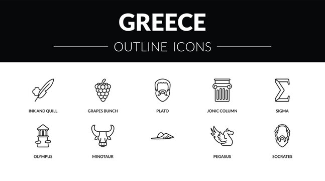 outline greece icons set - ink and quill, grapes bunch, olympus, socrates. editable vector for web and mobile ui