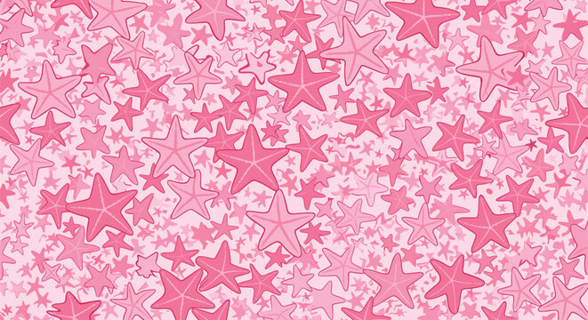 Densely packed seamless pattern consisting of various sizes and shades of pink starfish, creating a vibrant coastal and marine atmosphere.