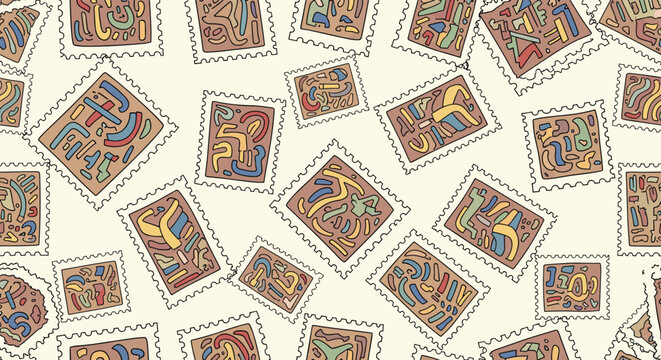 Unique seamless pattern consisting of overlapping postage stamps featuring colorful abstract scribbles and patterns on an off-white base.