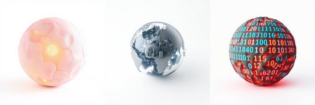 Three spherical objects represent concepts. Pink sphere shows cells, blue globe depicts earth, red displays data streams.