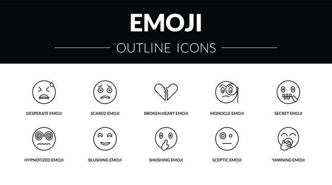 outline emoji icons set - desperate emoji, scared emoji, hypnotized yawning editable vector for web and mobile ui