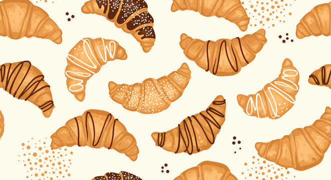 Mouth-watering seamless pattern of assorted croissants with chocolate, glaze, and sugar toppings on a light background for bakery menus.