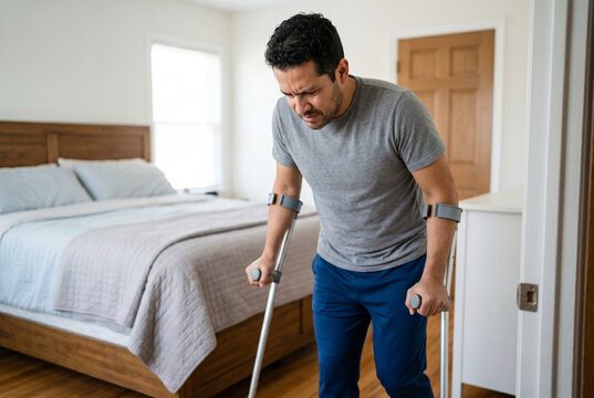 Injured patient grimacing while walking with underarm crutches in bedroom