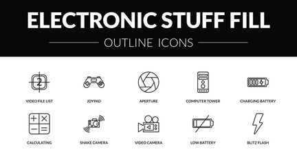 outline electronic stuff fill icons set - video file list, joypad, calculating, blitz flash. editable vector for web and mobile ui © IconArt