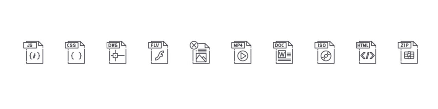 set of 10 thin line file type icons such as js file, css file, dwg flv mp doc iso html zip editable stroke vector illustration isolated on white