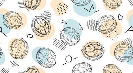 Obraz premium Artistic seamless pattern featuring hand-drawn walnuts with abstract colorful shapes and geometric lines for a modern and creative look.