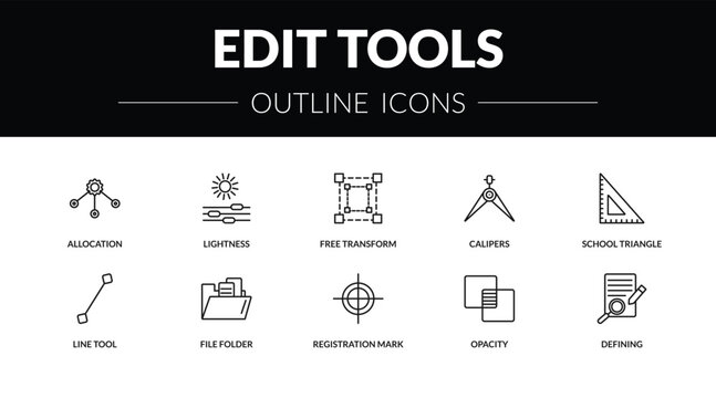 outline edit tools icons set - allocation, lightness, line tool, defining. editable vector for web and mobile ui