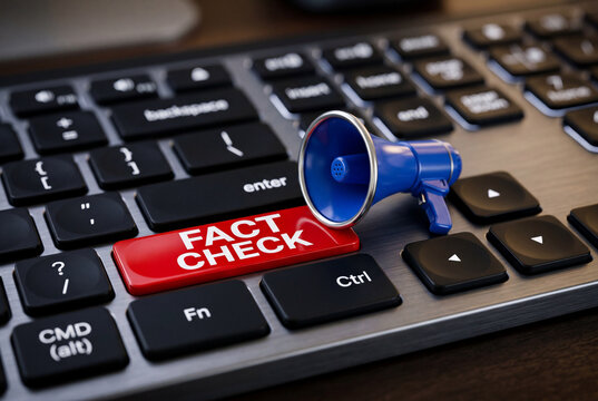 Miniature blue megaphone resting on a computer keyboard next to a prominent red fact check key
